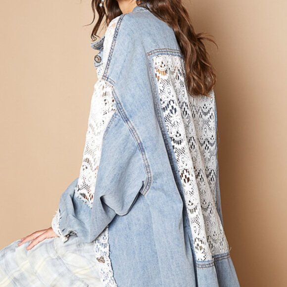 POL Denim & Lace Whimsical Shacket Size Large - Picture 3 of 5